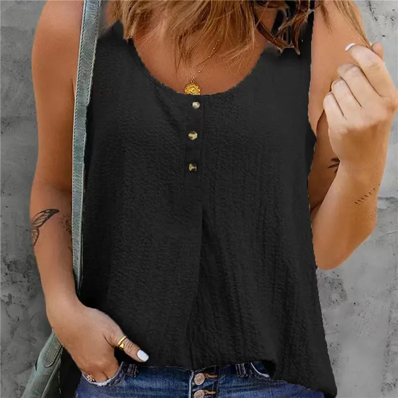 

2022 New Top Women Summer Casual Sleeveless Round Neck Buttons T-Shirt Womens Clothing Fashion Sexy Beach Ladies Vest