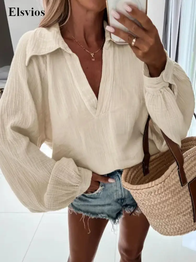 

Хлопковая модная блузка с длинным рукавом, 2022, женские элегантные свободные рубашки с лацканами и пуговицами, блузы, Женские однотонные пов...