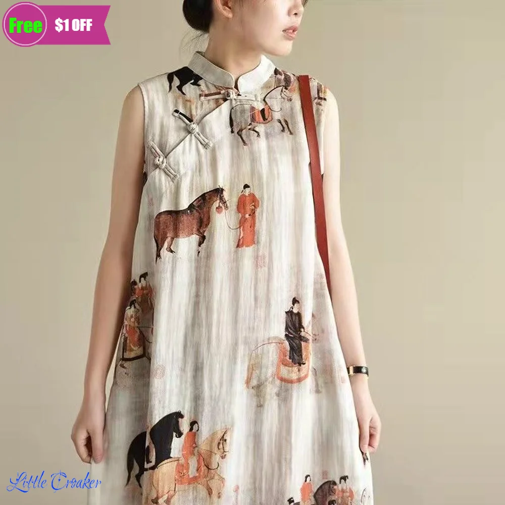 

2022 Loose Chinese Dress Sleeveless Chinese Women Cheongsam Dress Linen Qipao Chinese Traditional Dress Long Dress Qipao