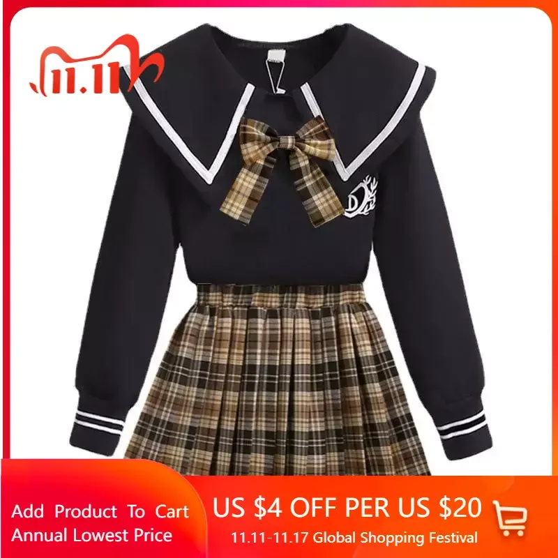 

2Pcs Sets Autumn Kids Clothes Girl School Uniform Children Costume Girls Suit Preppy Plaid Sweater Skirt Outfits 3-14 Years