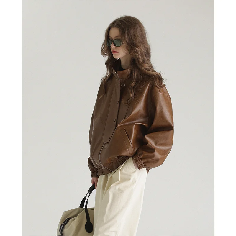 Yuxinfeng Vintage Brown PU Leather Jacket Women Spring Autumn New Bomber Jackets Female Stand Collar Zipper Loose Short Coat