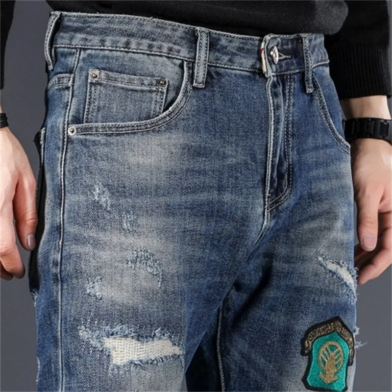 EH · MD Patch Stitched Jeans Men's Breathable Mesh Cloth Inner Lining Scraped Holes Pants Embroidered Soft Elastic Cat Claw Mark