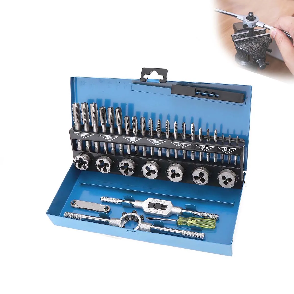 32PC M3-M12 Tap Die Strangler Set Hand Standard 32 Piece Set Tap Die Tapping Tool Threading Bearing Steel Hand Tool