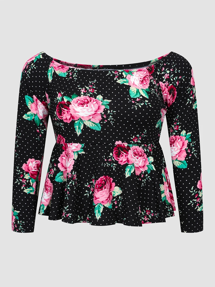 Finjani Plus Size Tee 2022 Rustic Vintage Rose Print T-Shirt Long Sleeve Women's One-piece Neck Tops