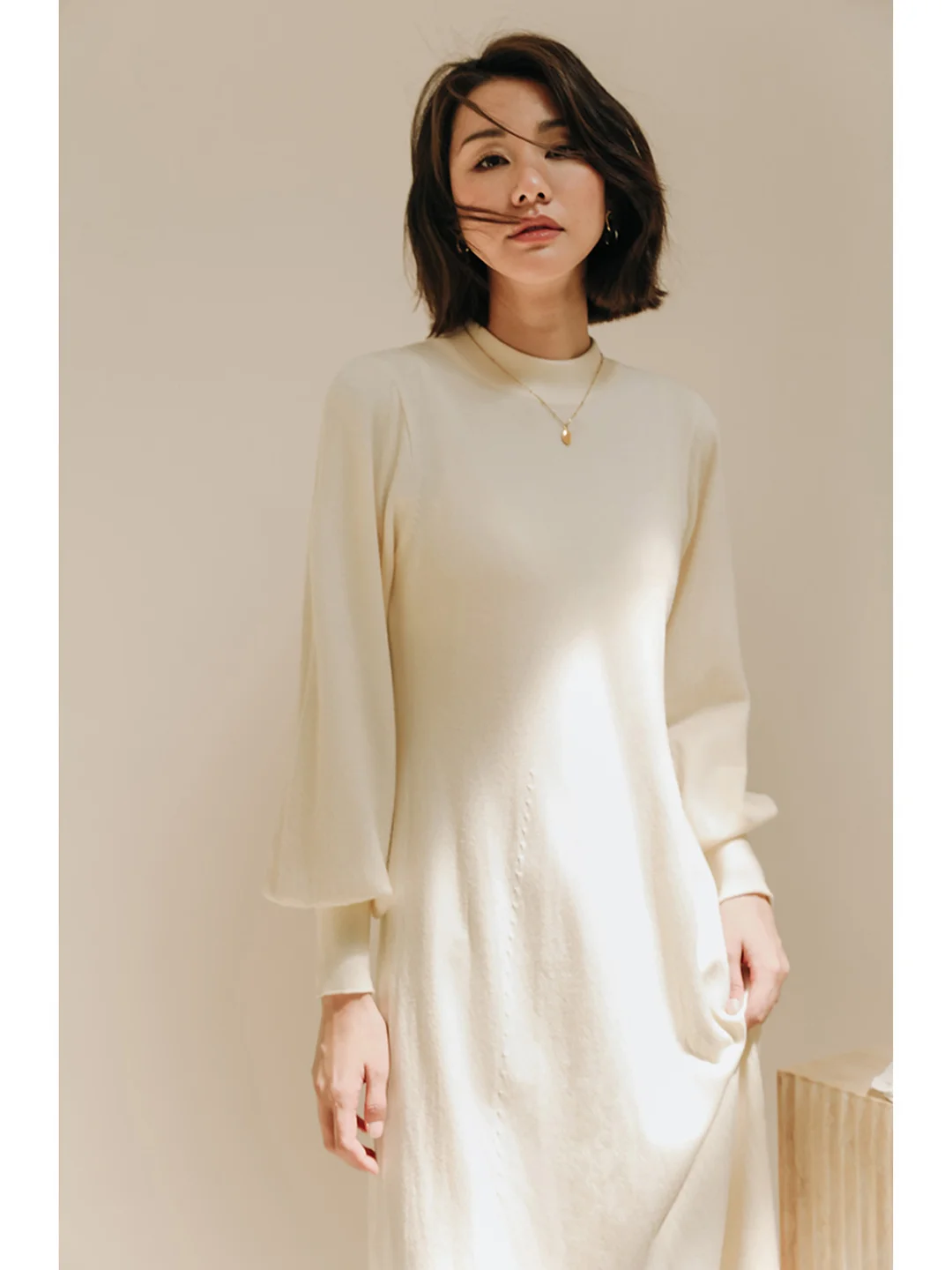 White Woolen Dress Knitted Dress Women's Autumn and Winter Long Half High Collar Underlay Dress Black Loose Bottom Skirt