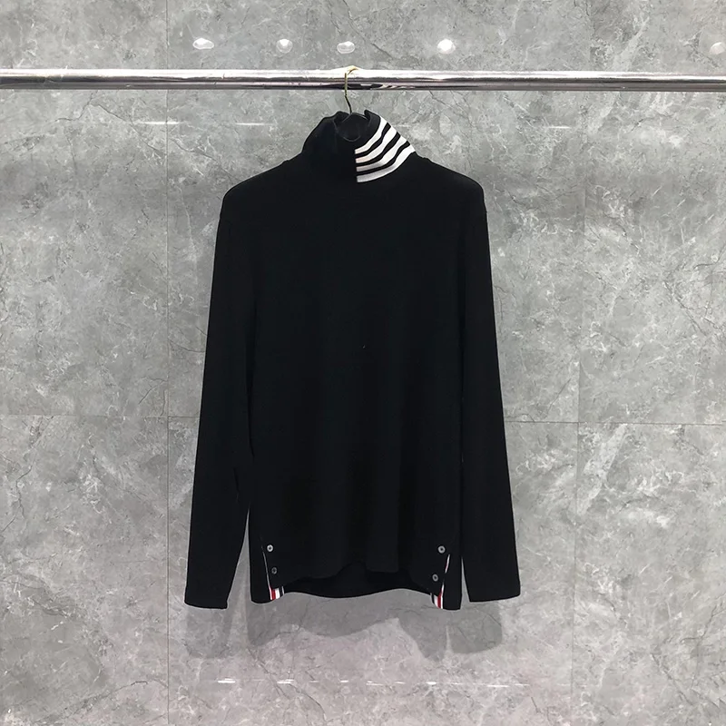 TB THOM Men's Sweaters 2022 Korean Fashion Brand Coats Neck Stripes Turtleneck Pullover Harajuku Streetwear Solid Sweater