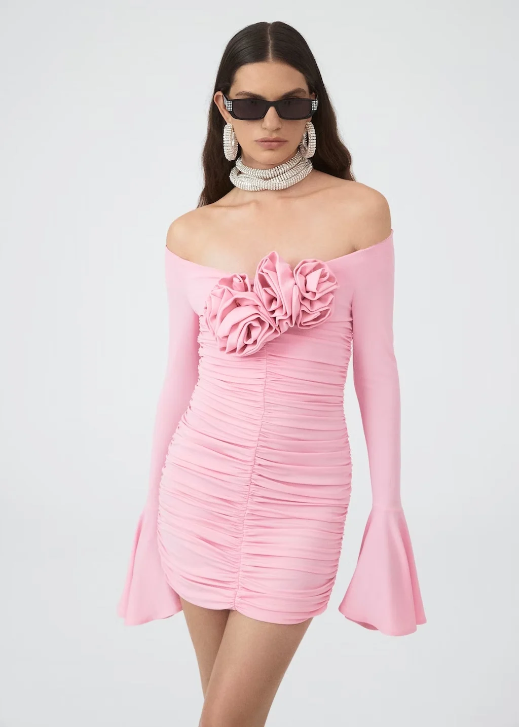 Women's Mini Dress Flare Long Sleeve Pleated Slim Strapless Three-dimensional Decoration Robe Sexy