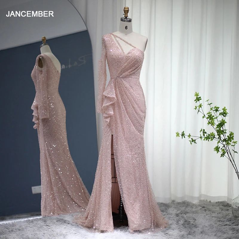 

LSCZ30 Luxury Dubai Crystal Light Pink Arabic Evening Dress with One-ShoulderElegant Women Long Formal Party Dresses for Wedding