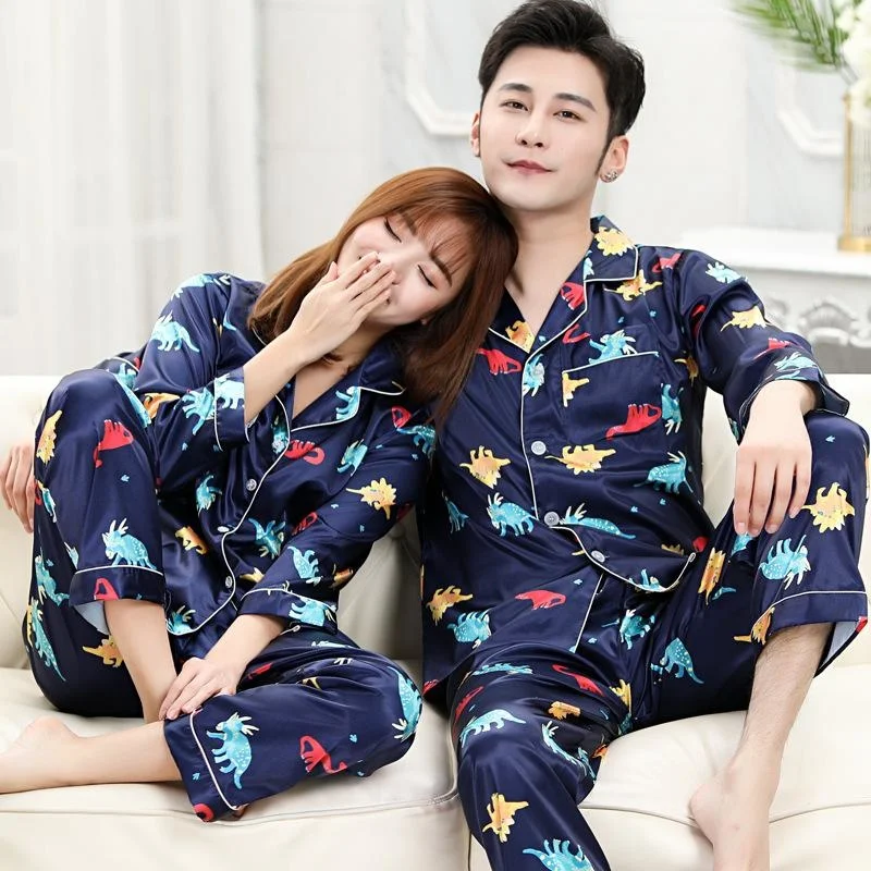 

Couple Sleepwear Silk Satin Pajamas Set Long Sleeve Pants Suit Women Men Sleep 2PC Loungewear