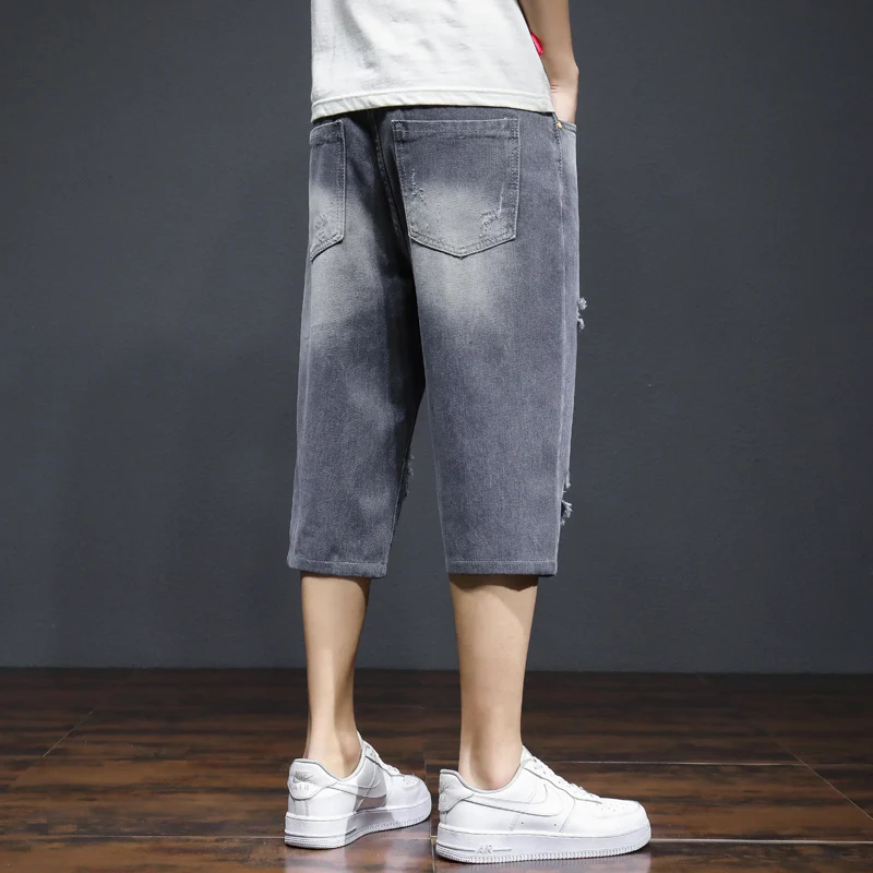 Summer New Men's  Cotton Ripped Denim Pants Casual Shorts Male Hole Calf-Length Jeans Youth Streetwear Straight Retro Trousers