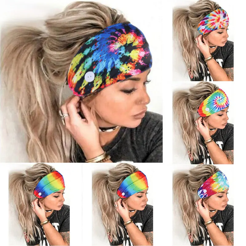 

1PC Tie-dye Turban Outdoor Wide Headband Yoga Hair Bands With Button Breathable High Elastic Hair Bands Bandana Hair Accessories
