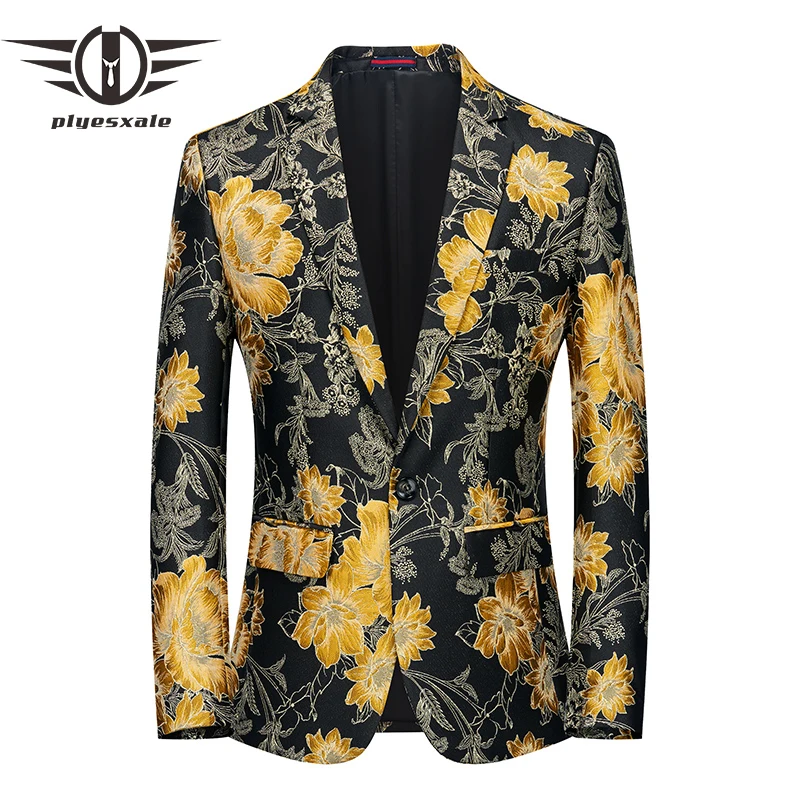 

Plyesxale Black Gold Fashion Print Floral Blazer For Men Terno Masculino Mens Suit Jacket Blazers Party Prom Stage Wear Q1041