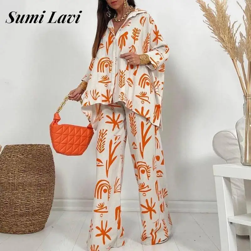 

Повседневный свободный комплект из двух предметов с графическим принтом, Весенняя рубашка с отложным воротником и длинными рукавами и широ...