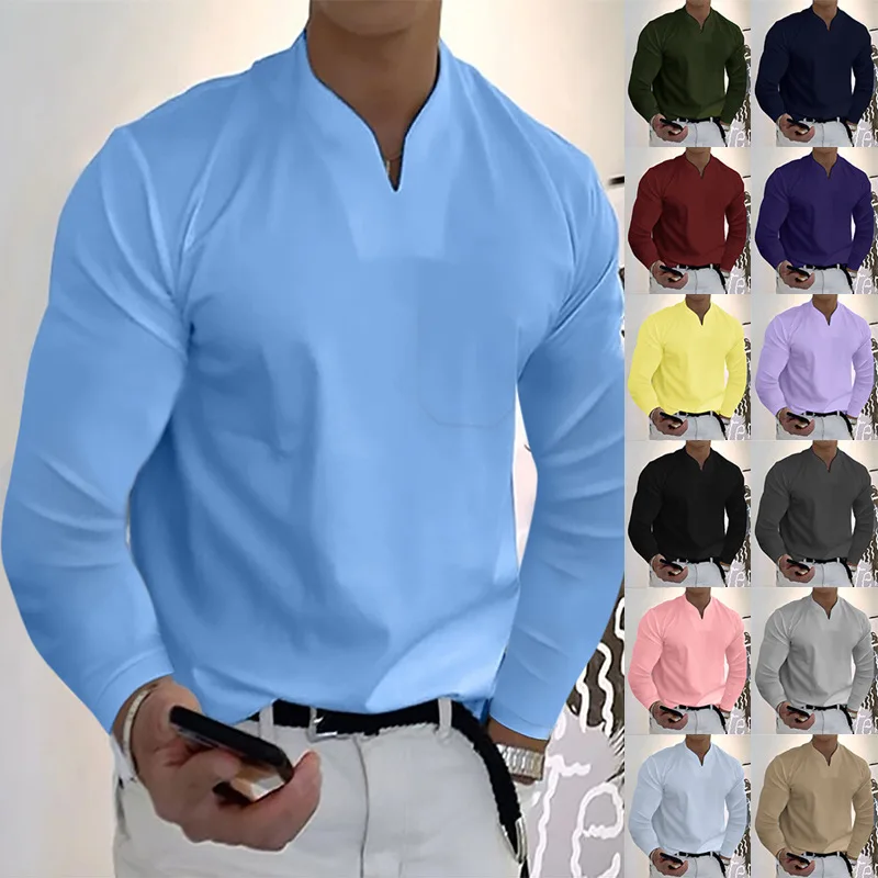 2022 New Solid Color Sports T-shirt European and American Men's Long-sleeved Oversized V-neck Shirts  Long Sleeve T Shirt Men