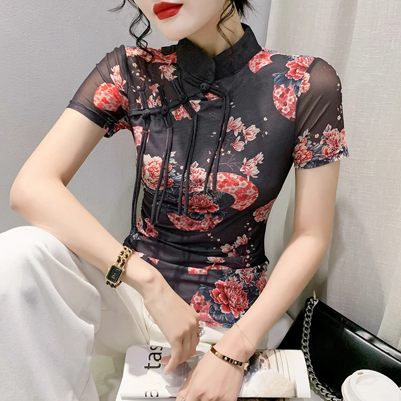 

Fashionable National Style Buttoned Mandarin Collar Short Sleeve Printed T-Shirt Women's Undershirt Mesh Ethnic Fashion New