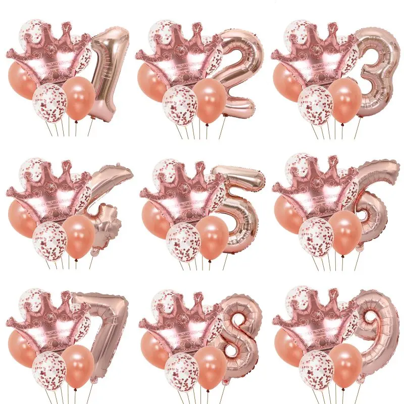 

8pcs/set Crown Balloon Rose Gold Confetti Number Foil Ballon Kids Birthday Party Decoration Wedding Anniversary Globes