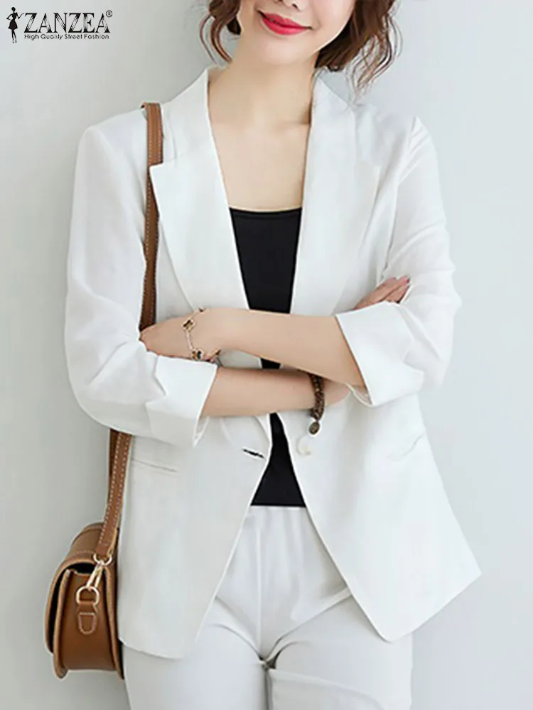 

ZANZEA Autumn Lapel Neck 3/4 Sleeve Thin Blazer Elegant Women Blazer Suits Casual Solid Shirt Loose Cotton Tops Femininas Blusa