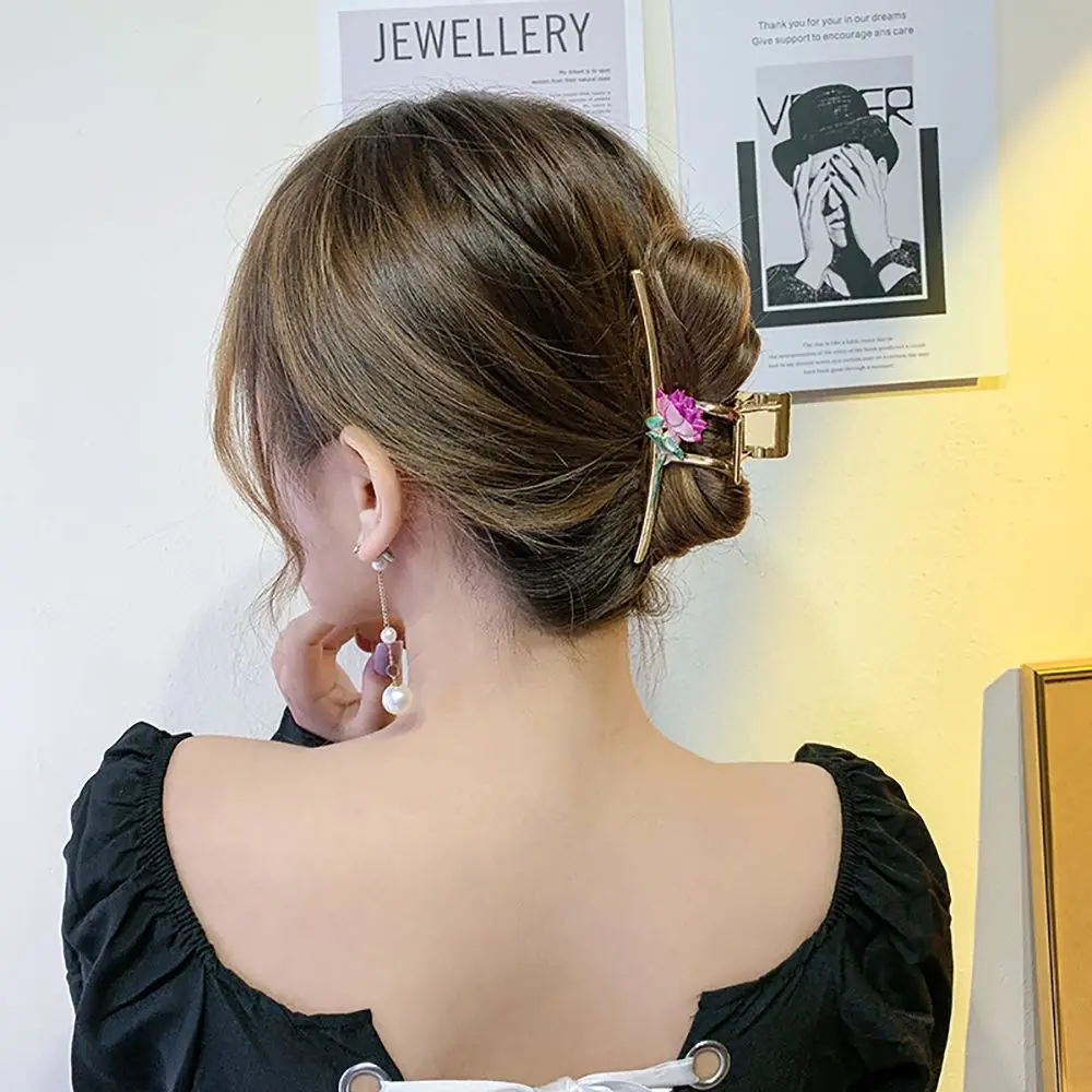 

Retro Red Rose Catch Clip Cross Plate Hair Catch Women Elegant Rose Flower Hair Claws Large Shark Clip