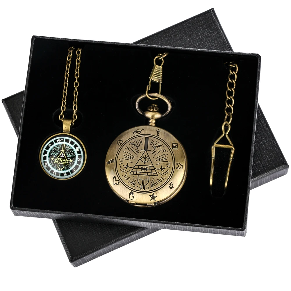 Pocket Watch Sets Weird Town Triangle One-eyed Devil Cover Quartz Fob Chain Pocket Clock Collected Necklace Pendant Gift Set