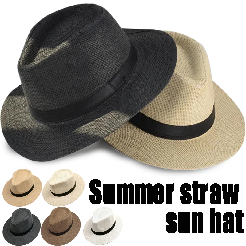 

Summer Sunscreen Handwoven Straw Sun Hat Beach Vacation Panama Jazz Hat Men Women Hawaii Casual Sunshade Gangster Cap Bucket Hat