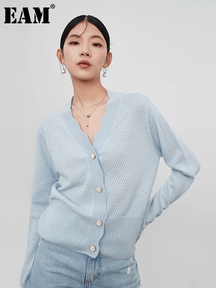 

[EAM] Blue Elegant Knitting Cardigan Sweater Loose Fit V-Neck Long Sleeve Women New Fashion Tide Autumn Winter 2022 1DF0321