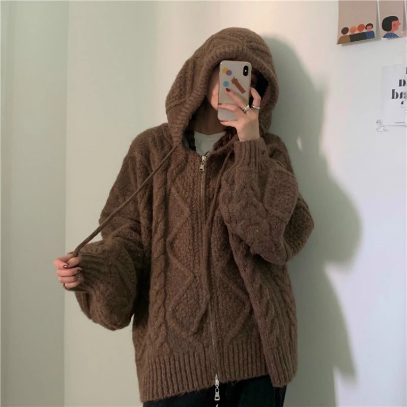 

Dourbesty Oversized Hooded Sweater Pullovers Women’s Long Sleeve Knitted Tops Vintage Twisted Zipper Loose Sweaters 2022 Autumn
