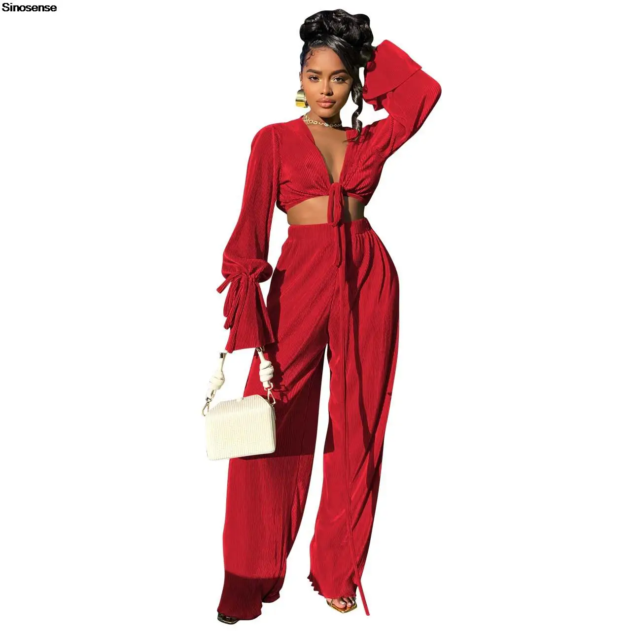 

Женский элегантный комплект из 2 предметов, повседневная бандажная рубашка с расклешенными рукавами и широкие брюки, комплекты одежды Y2K, уличная Клубная одежда