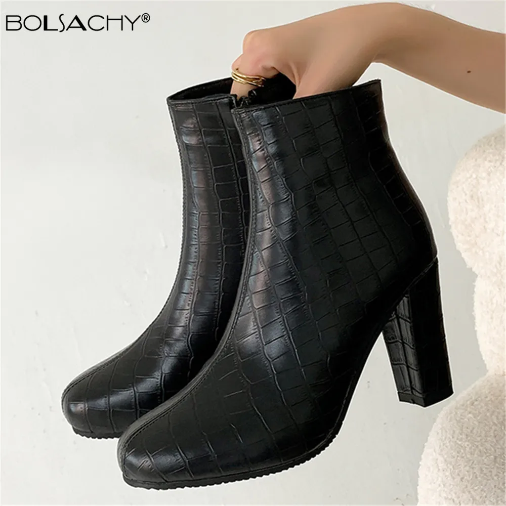 

New Snake Pu Leather Chelsea Boots Round Toe Zip High Heels Shoes Woman Casual Party Spring Autumn Ankle Boots Big Size 32-43