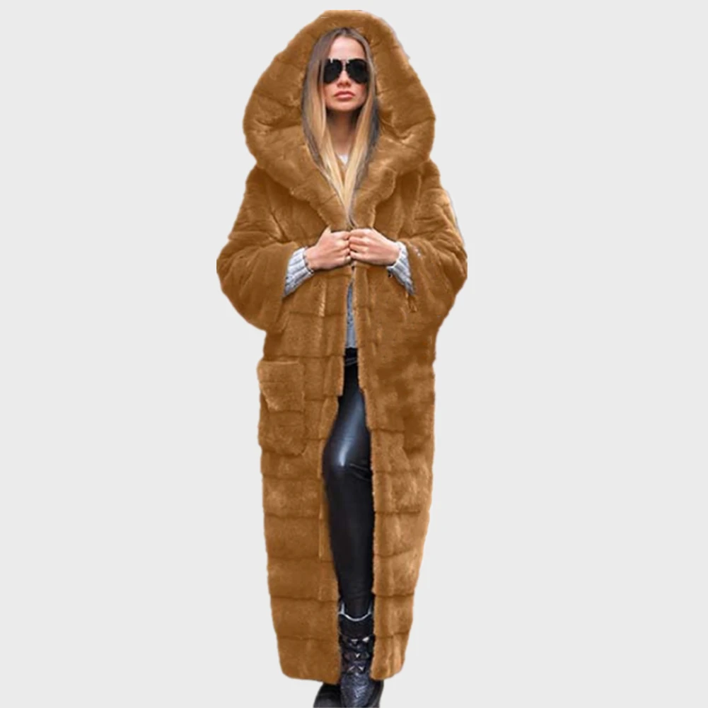 Women 5XL Winter Parka Coat Casual Long Sleeve Faux Fur Coat With Hooded Furry Thick Warm Long Faux Rabbit Fur Jacket Overcoat