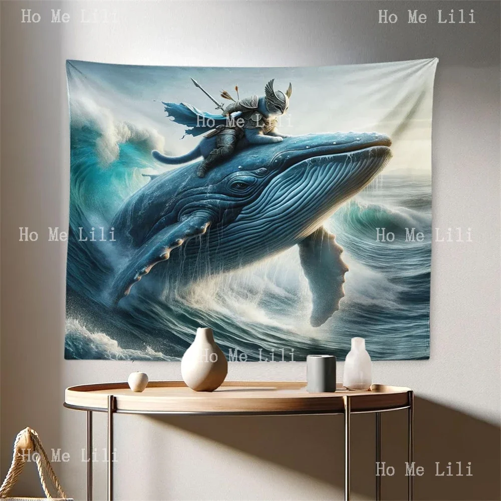 Funny Warrior Cat In Traditional Clothes Riding A Whale Dramatic Ocean Waves Tapestry Decor For Bedroom Living Room