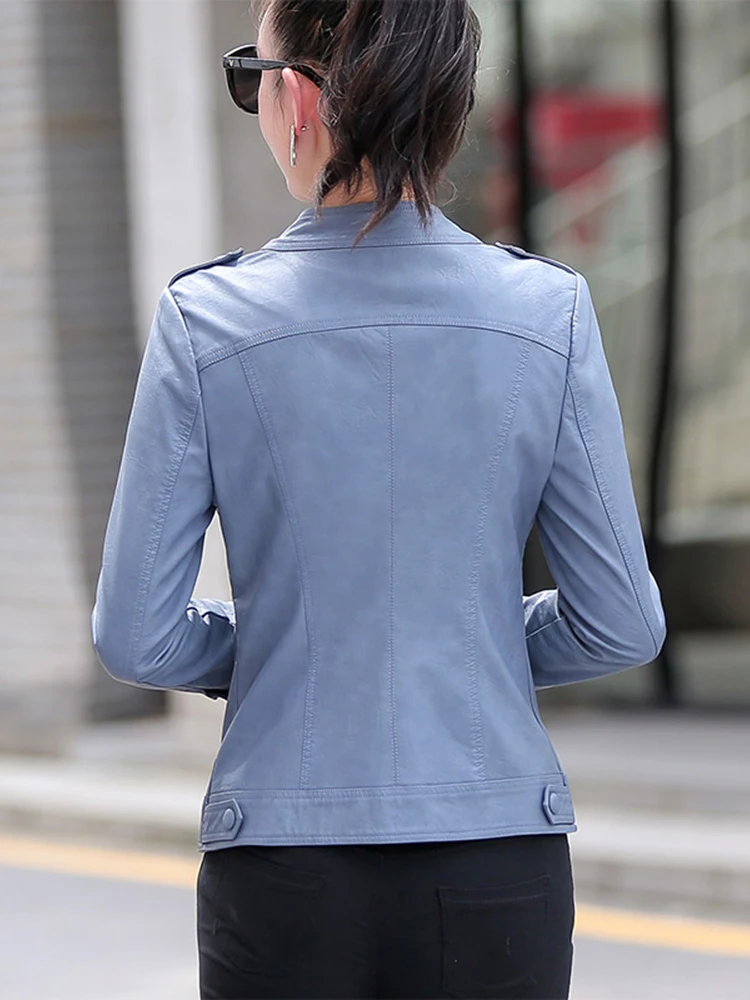 New Women Casual Leather Jacket Spring Autumn Fashion Small Stand Collar Slim Sheepskin Short Coat Biker Jacket Split Leather