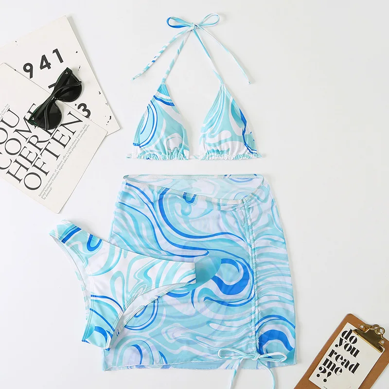 

Summer Sexy Backless Cross Strap Women's Bikini Striped Print Three-piece Covered Swimsuit Split Biquini Casual Beach Vacation