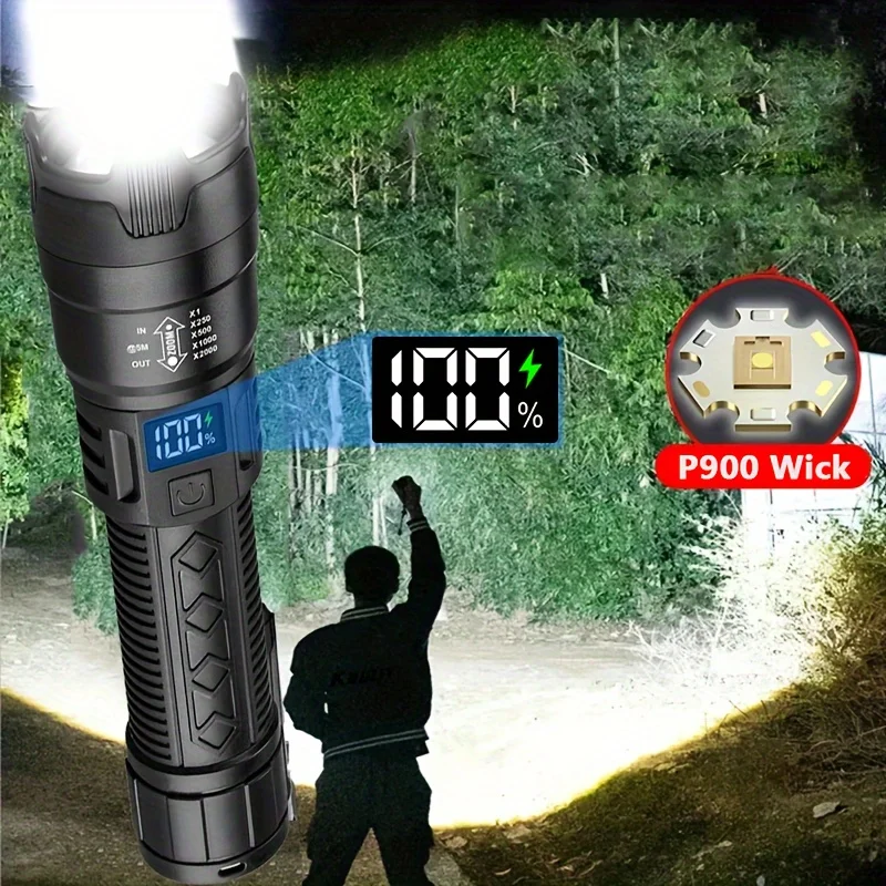 Фото Тактический светодиодный фонарик P900, высокий люмен, USB перезаряжаемый ручной фонарь с зум-индикатором питания для кемпинга, активного отдыха №5