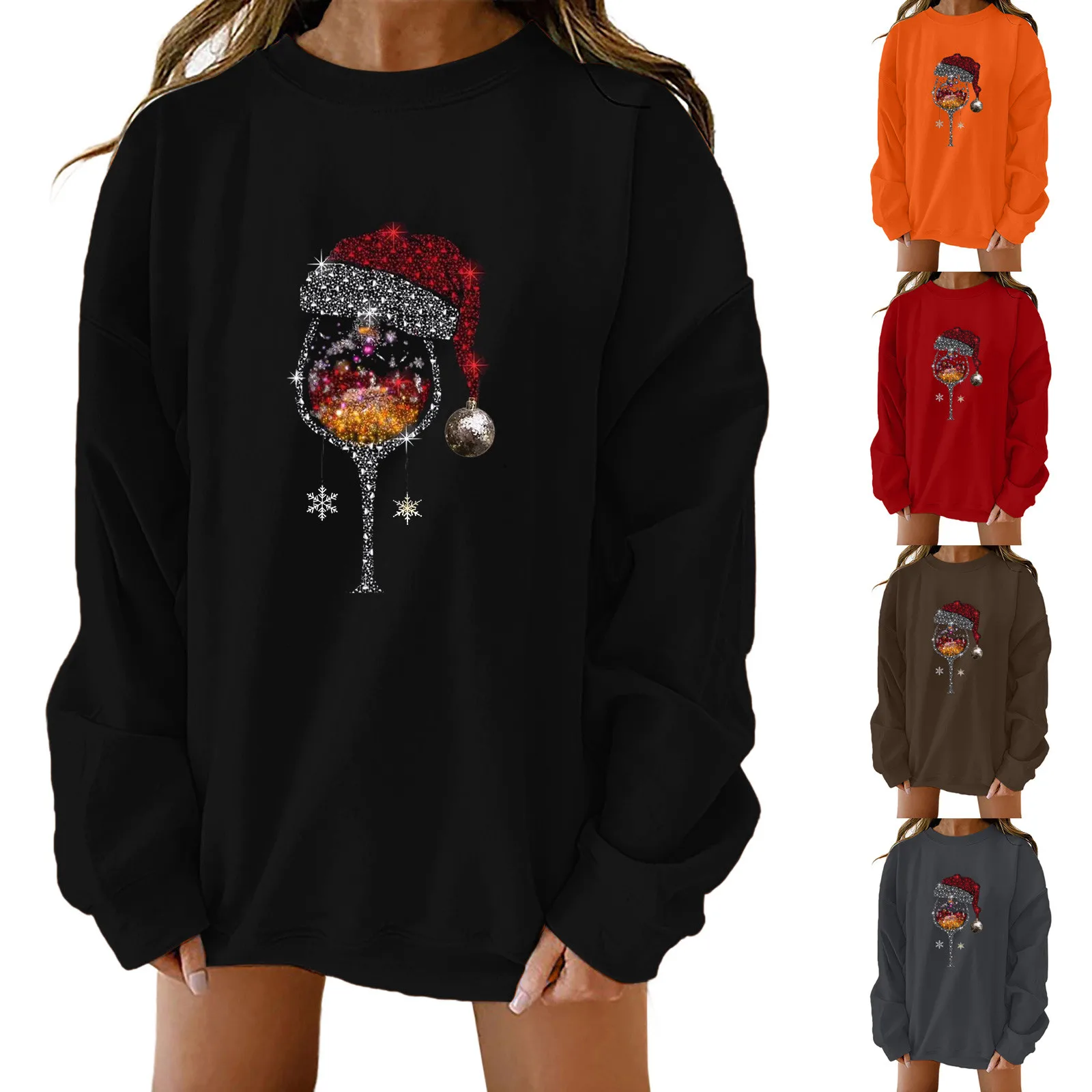 

Женский пуловер размера плюс, свитшот с принтом винного бокала, свитшот с круглым вырезом, Повседневная Толстовка, зимние свитшоты