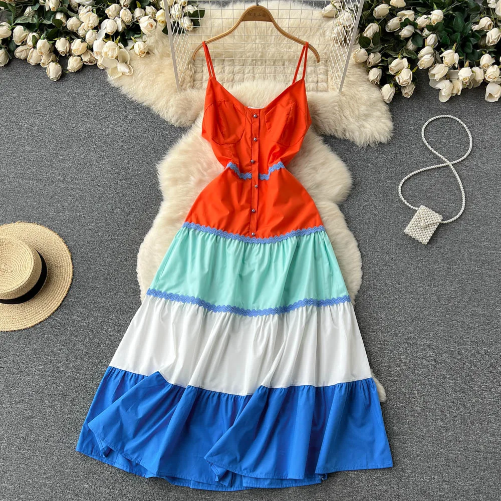 European and American Style Sexy Suspenders Holiday Style Stitching Contrast Color Dress Design High Waist and Thin Long Dress