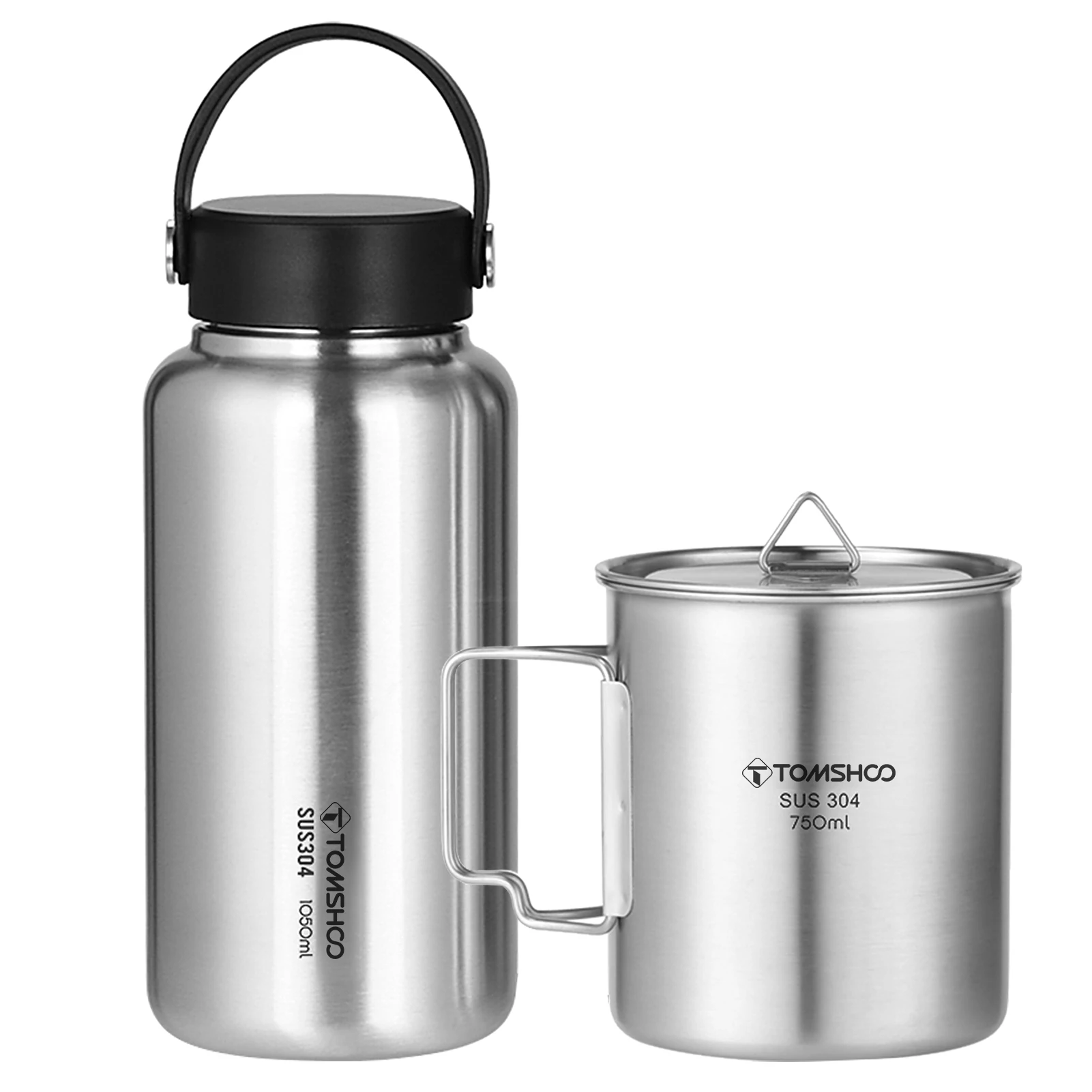 

Camping 1.05L Stainless Steel Water Bottle Leak Proof Sports Bottle with 75ml Water Cup Coffee Mug Hanging Pot Outdoor Flatware