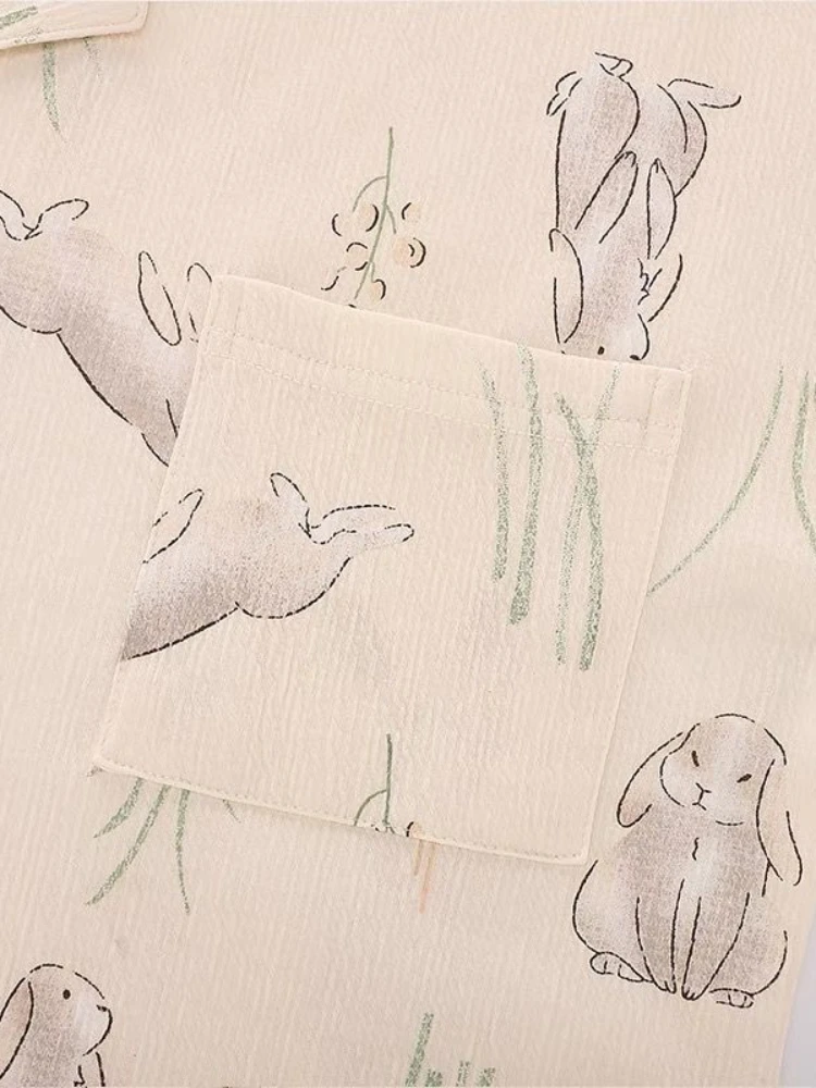 QWEEK Gauze Pajamas Kawaii Rabbit Print Trouser Suits Korean Style Room Wear Breathable Soft Sleepwear Home and Sleep Clothes