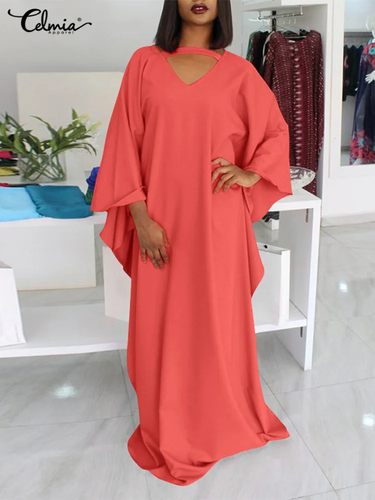 

Celmia Bat Sleeve Women Maxi Dress Casual Loose 2022 Summer Sexy Hollow Out Ruffled Vestidos V-neck Party Oversized Long Robes