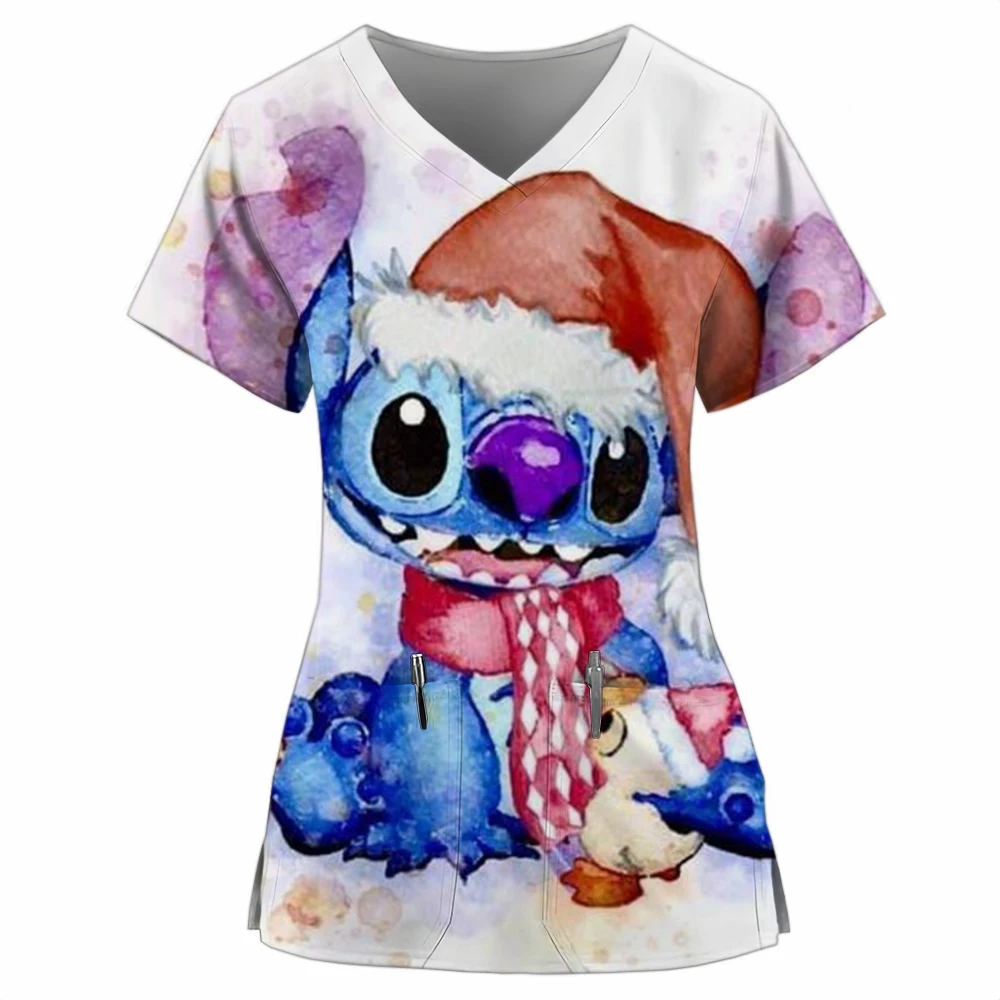 Lilo&ampStitch Christmas Women's V-neck New Hospital Nurse Uniform Disney Clothing Gift Pocket T-shirt