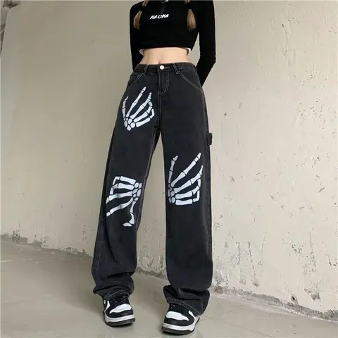 Gothic Jeans Women Harajuku Loose Wide Leg Pants Vintage Skull Bone Print Casual Straight Denim Trousers Female Streetwear Y2K