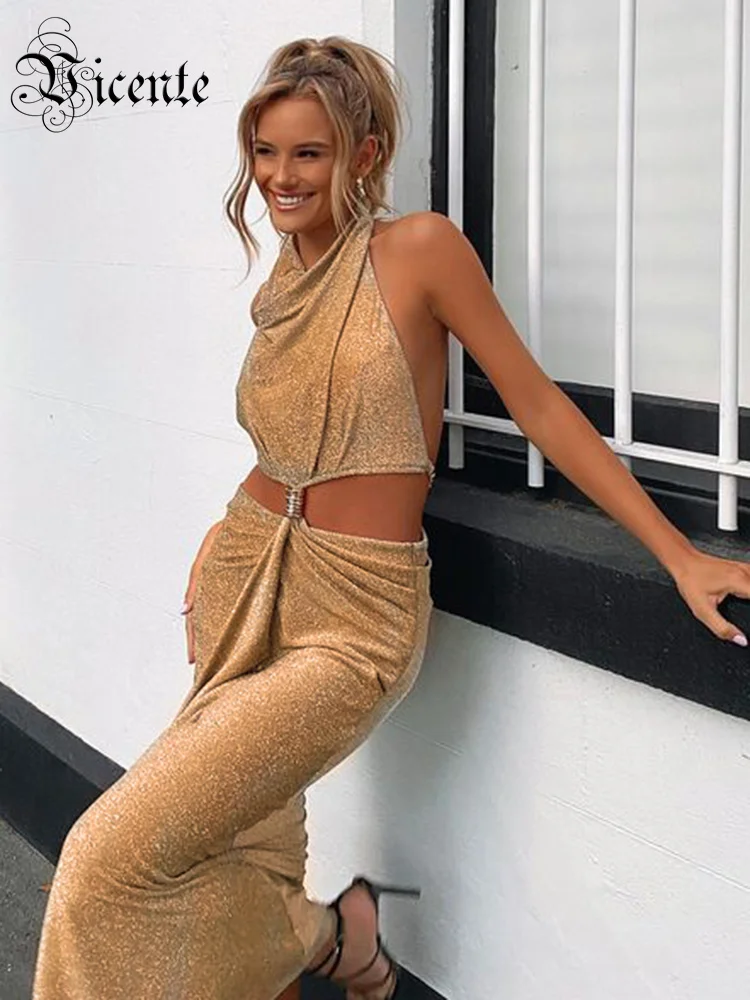 

VC Sexy Backless Dress For Women Chain Halter Design Hollow Waist Sleeveless Slit Gold Sparkle Midi Dress Summer 2022