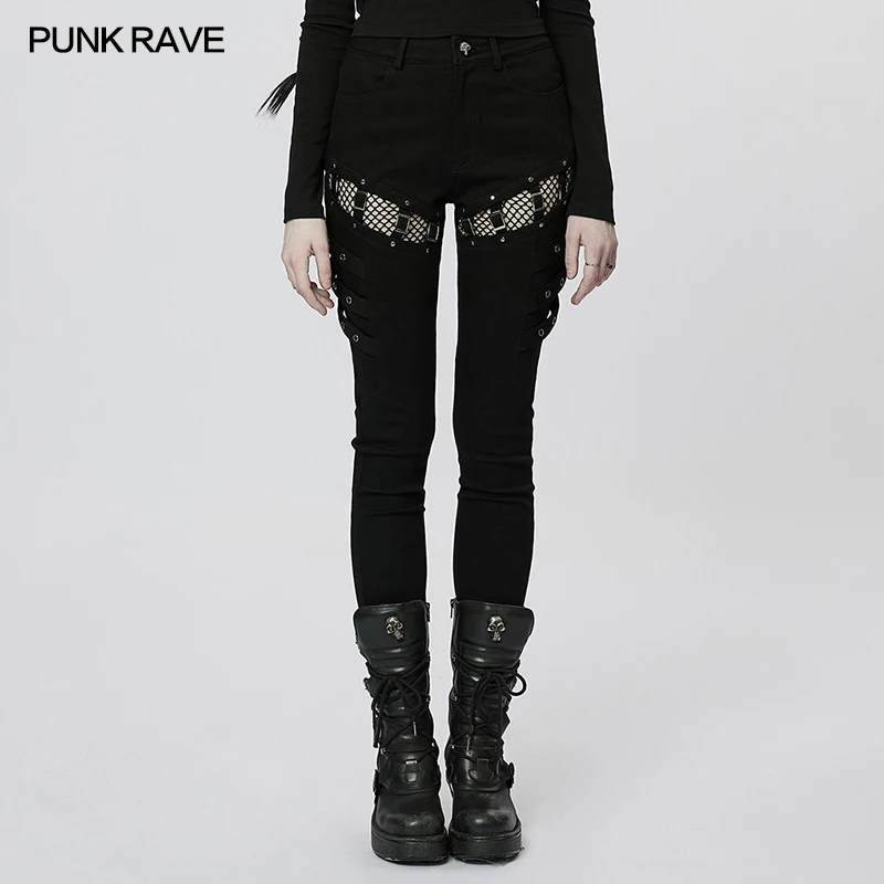 PUNK RAVE Women's Punk Sexy Tight Long Pants Daily Mesh Cloth Hollow Out Splice Women Trouser Spring/autumn Streetwear