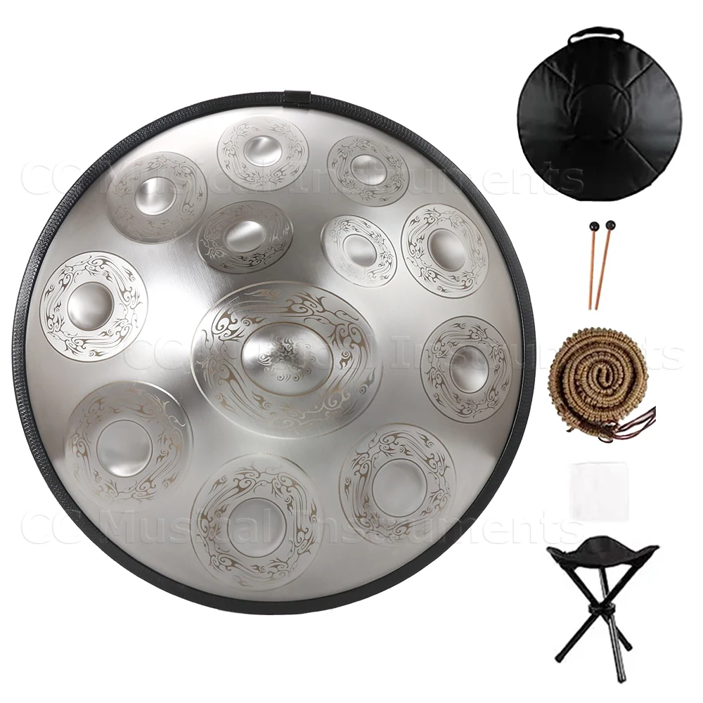 Резной серебряный 22-дюймовый барабан Handpan 440/432 Гц D белый стальной с язычком