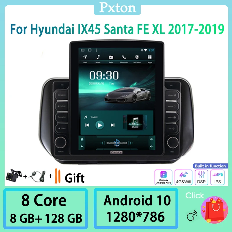 

Pxton Android Tesla Style Vertical Car Radio Stereo Multimedia Player For Hyundai IX45 Santa FE XL 2017-2019 Nav Carplay 8+128