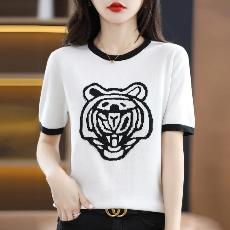 

RONGYI 100% Cotton Vest Summer Short-Sleeved T-Shirt Women Loose 2022 Round Neck New Tiger Thin Fashion Knitted Wild Female Tops