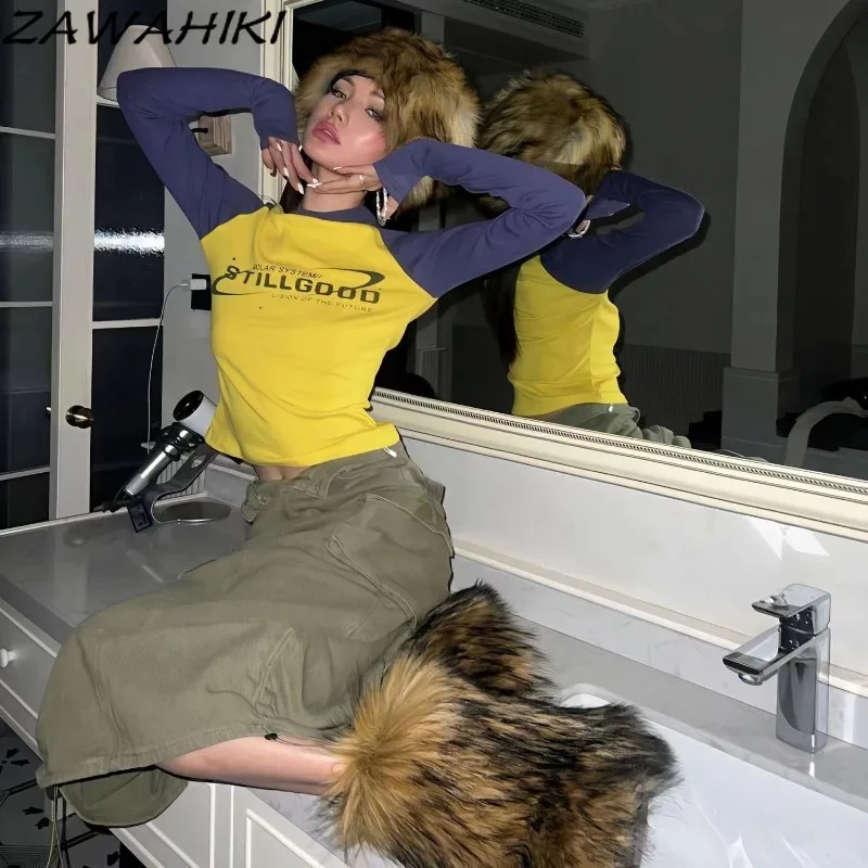 

Кроп-топ Y2K в американском ретро-стиле с принтом букв реглан, Женский облегающий лоскутный Топ контрастных цветов, милая Повседневная винтажная женская одежда