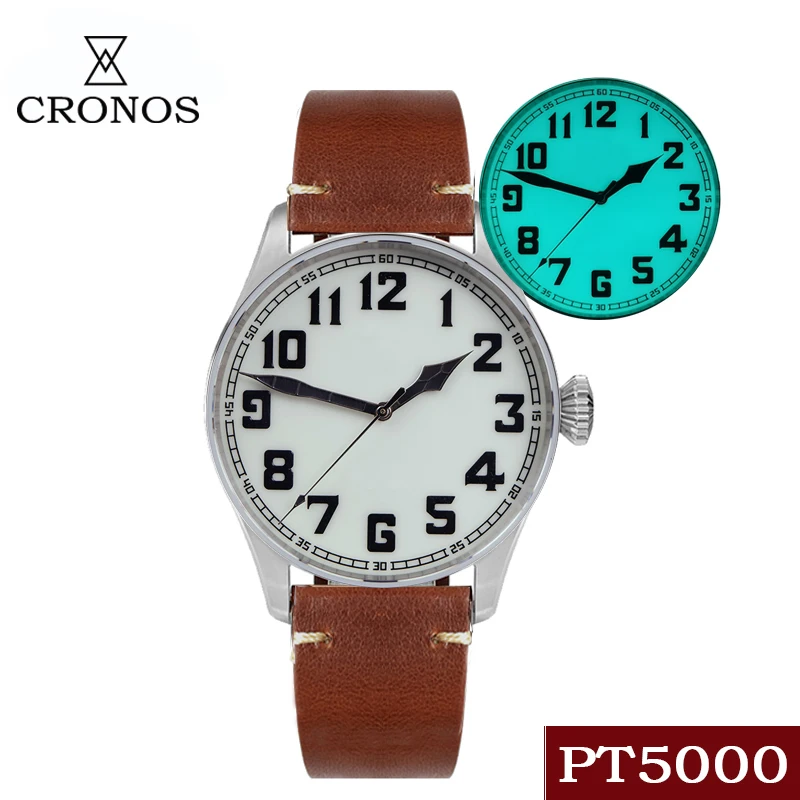 

Часы Cronos Pilot Мужские механические, из нержавеющей стали, синие светящиеся сапфировые кристаллы, Водонепроницаемость 100 м, автоматические, ...