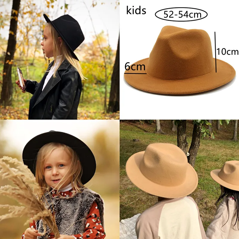 Fedoras Hats Boys Girls Small 52cm 54cm Felted Kids Hats Solid Camel Black Dress Formal Panama Women Hats New Sombreros De Mujer