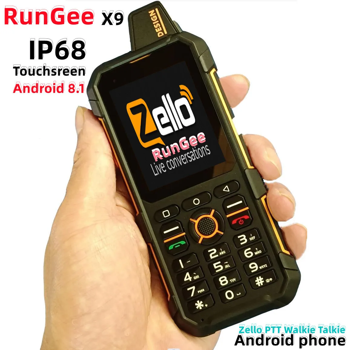 Newest Arrive RunGee X9 Phone 4G Lte Zello PTT Walkie Talkie Touch Screen Android 8.1 Waterproof IP68 GPS