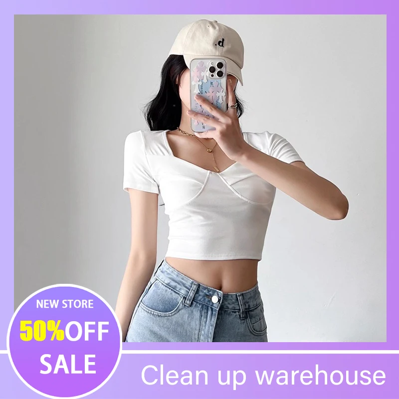 

Женская футболка Wweet Girly Feeling с зеленым квадратным воротником, футболки с коротким рукавом, женская сексуальная облегающая укороченная футб...